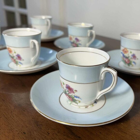 Colclough England Bone China blue floral demitasse cups & saucers - set of 6 - Picture 1 of 10